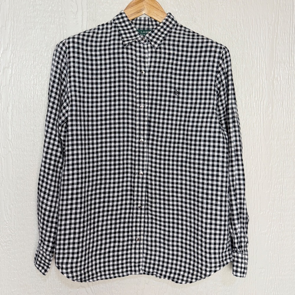 Lauren Ralph Lauren Black White Gingham 100% Linen Button Down Shirt Womens L